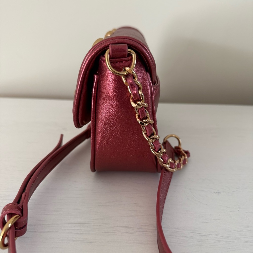 Karl Lagerfeld Metallic Burgundy Heart Flap Bag - Picture 6 of 10